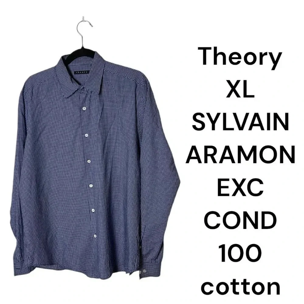 Theory,Sylvain Aramon,shirt,men XL, PTP 24”,check Blue,designer,office,preppy,EC